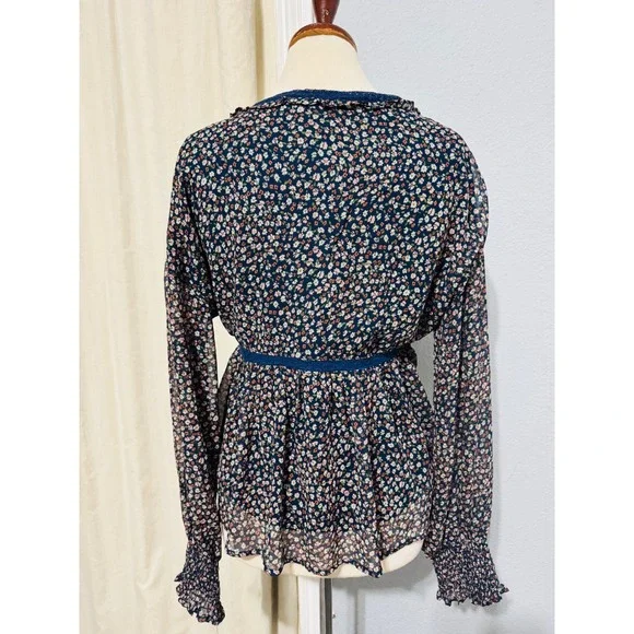 Cottagecore Fairy Blouse M Navy Blue Ditsy Floral Surplice V-Neck Peplum Boho - Picture 8 of 14